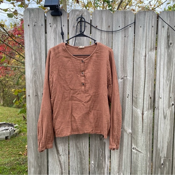 Ana XL Brown Muslim Scoop neck Henley Buttoned down Blouse - Picture 2 of 5